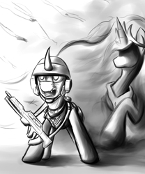 Size: 1400x1680 | Tagged: safe, artist:richmay, princess celestia, changeling, g4, armor, black and white, crossover, grayscale, gun, helmet, holeless, monochrome, sketch, starship troopers, weapon