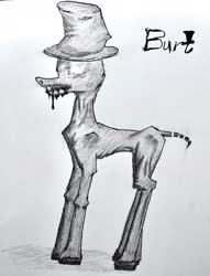 Size: 2496x3267 | Tagged: safe, artist:kopaleo, oc, oc only, oc:burt, earth pony, pony, black and white, bone, creepy, grayscale, hat, monochrome, mouth, pen, pencil, ponified, skeleton, solo, tar, top hat, traditional art