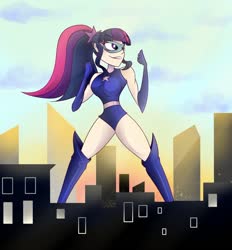 Size: 1280x1381 | Tagged: safe, artist:carabella3333, sci-twi, twilight sparkle, human, equestria girls, g4, boots, breasts, busty sci-twi, female, giantess, human coloration, macro, magic gaia, shoes, superhero, thigh boots