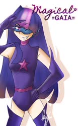 Size: 540x870 | Tagged: safe, artist:krayzille, twilight sparkle, human, g4, armpits, boots, grin, humanized, magic gaia, one eye closed, shoes, smiling, superhero, thigh boots, wink