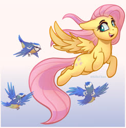 Size: 3651x3716 | Tagged: safe, artist:katakiuchi4u, fluttershy, bird, pegasus, pony, g4, chickadee (bird), commission, cute, female, floppy ears, flying, gradient background, high res, looking back, mare, open mouth, shyabetes, smiling, solo, spread wings, wings