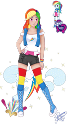 Size: 896x1636 | Tagged: safe, artist:rossgricell, rainbow dash, human, equestria girls, g4, beautiful, blue skin, boots, clothes, cute, female, hand on hip, human coloration, knee-high boots, miniskirt, multicolored hair, pink eyes, rainbow hair, shoes, shorts, shorts under skirt, simple background, skirt, socks, solo, striped socks, thigh highs, tight shorts, tomboy, transparent background, wristband