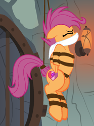 Size: 640x858 | Tagged: safe, artist:addmybasestofavs, artist:gray--day, artist:loladreamteam, artist:radiantrealm, scootaloo, pegasus, pony, g4, growing up is hard to do, alternate hairstyle, arm behind back, base used, bondage, bound and gagged, cloth gag, dungeon, eyes closed, female, femsub, gag, hanging, mare, older, older scootaloo, over the nose gag, rope, rope bondage, scootasub, show accurate, solo, submissive, suspended, tied up