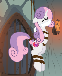 Size: 724x878 | Tagged: safe, artist:addmybasestofavs, artist:gray--day, artist:loladreamteam, artist:radiantrealm, sweetie belle, pony, unicorn, g4, alternate hairstyle, arm behind back, base used, bondage, bound and gagged, cloth gag, dungeon, eyes closed, female, femsub, gag, hanging, mare, older, older sweetie belle, over the nose gag, rope, rope bondage, show accurate, solo, submissive, suspended, sweetiesub, tied up