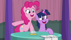 Size: 1920x1080 | Tagged: safe, screencap, pinkie pie, twilight sparkle, alicorn, earth pony, pony, a trivial pursuit, g4, bell, cute, diapinkes, duo, having fun, hooves on the table, messy mane, team twipie, trivia trot, twiabetes, twilight sparkle (alicorn)