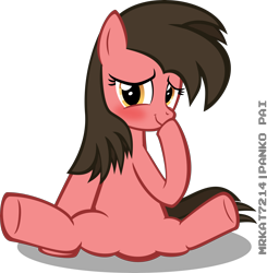 Size: 5883x6000 | Tagged: safe, artist:ace play, oc, oc only, oc:ace play, oc:cutie e, earth pony, pony, absurd resolution, blushing, cute, female, hoof over mouth, looking at you, mare, rule 63, rule63betes, simple background, sitting, smiling, solo, spread legs, spreading, transparent background, vector