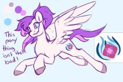Size: 1500x1000 | Tagged: safe, artist:lionbun, oc, oc only, oc:rose carter, pegasus, pony, blue background, cutie mark, female, flying, looking at you, patreon, patreon reward, pegasus oc, reference sheet, simple background, smiling, solo, spread wings, unshorn fetlocks, wings