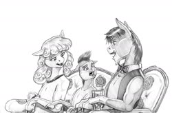 Size: 1400x916 | Tagged: safe, artist:baron engel, oc, oc only, oc:marigold, oc:rivet, oc:stone mane (baron engel), earth pony, pony, semi-anthro, arm hooves, bowtie, colt, couch, drinking glass, female, grayscale, hoof hold, jewelry, male, mare, monochrome, necklace, pencil drawing, simple background, stallion, story included, traditional art, white background