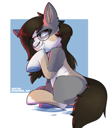 Size: 1337x1539 | Tagged: safe, artist:cokesleeve, oc, oc only, oc:mama chubs, earth pony, pony, blue blood, brown mane, cocky, colored, glasses, markings, nose piercing, nose ring, piercing, signature, simple background, solo