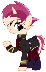 Size: 1596x2482 | Tagged: safe, artist:mint-light, artist:rukemon, oc, oc only, oc:general rose blade, pony, unicorn, base used, belt, boots, clothes, coat, commission, ear piercing, earring, female, grin, jewelry, mare, military uniform, multicolored hair, pants, piercing, raised hoof, shoes, simple background, smiling, socks, solo, transparent background, uniform