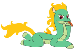 Size: 2476x1642 | Tagged: safe, artist:supahdonarudo, tianhuo (tfh), dragon, hybrid, longma, them's fightin' herds, community related, forked tongue, hoof on chin, looking at you, mane of fire, prone, simple background, tongue out, transparent background
