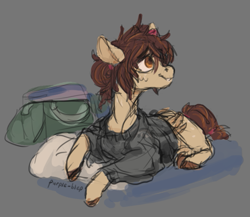 Size: 715x622 | Tagged: safe, artist:purple-blep, oc, oc only, oc:paradise skies, pegasus, pony, bag, clothes, cute, lying down, messy mane, pillow, ribbon, solo, sweat, sweater
