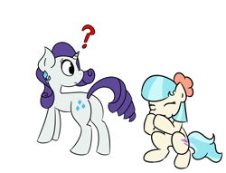 Size: 1700x1300 | Tagged: source needed, safe, artist:captaincontent, coco pommel, rarity, g4, butt, ear piercing, earring, jewelry, meme, piercing, plot, question mark, squatting