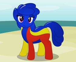 Size: 2424x1954 | Tagged: safe, artist:badumsquish, derpibooru exclusive, oc, oc only, oc:poink, ball pony, balloon pony, beach ball pony, inflatable pony, object pony, pony, badumsquish strikes again, ball, beach, beach ball, dreamworks face, female, inflatable, inflatable toy, living inflatable, looking at you, mare, ocean, ponified, pool toy, sand, smiling, smirk, smug, solo