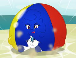 Size: 2601x1979 | Tagged: safe, artist:badumsquish, derpibooru exclusive, shining armor, oc, oc:poink, ball pony, balloon pony, beach ball pony, inflatable pony, object pony, pony, unicorn, g4, action shot, ball, beach, beach ball, crash, dreamworks face, duo, female, frown, grin, gritted teeth, impact, inflatable, inflatable toy, inflation, living inflatable, looking at you, male, mare, ocean, pinned, ponified, pool toy, pounce, prone, sand, smiling, smirk, smug, speed lines, stallion
