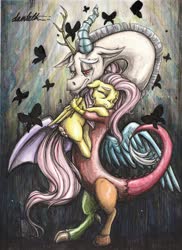 Size: 1024x1408 | Tagged: safe, artist:dantethehuman, discord, fluttershy, butterfly, draconequus, pegasus, pony, g4, crying, duo, eyes closed, female, floppy ears, holding, holding a pony, hug, ink, ink drawing, male, mare, sad, ship:discoshy, shipping, spread wings, straight, teary eyes, three quarter view, traditional art, watercolor painting, wings