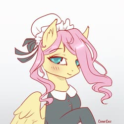 Size: 1000x1000 | Tagged: safe, artist:lunarlacepony, fluttershy, pegasus, pony, g4, blushing, clothes, female, fluttermaid, hair bun, looking at you, maid, mare, simple background, solo, white background