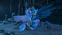 Size: 1920x1080 | Tagged: safe, artist:philly cheesesteak, gallus, silverstream, classical hippogriff, griffon, hippogriff, g4, what lies beneath, 3d, cave, female, male, scene interpretation, ship:gallstream, shipping, silverstream hugs gallus, source filmmaker, straight, wings