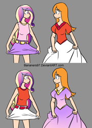 Size: 1140x1575 | Tagged: safe, artist:bananimationofficial, princess cadance, human, g4, candace flynn, clothes, clothes swap, cosplay, costume, crossover, humanized, looking at each other, name pun, namesake, phineas and ferb, pun, visual pun