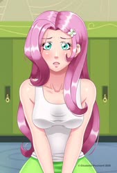 Size: 600x890 | Tagged: safe, artist:eli-pic, fluttershy, human, g4, clothes, cute, equestria girls outfit, female, human coloration, humanized, looking at you, school, shyabetes, solo