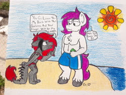 Size: 2576x1932 | Tagged: safe, artist:drheartdoodles, oc, oc:dr.heart, oc:mellow, clydesdale, anthro, beach, bikini, chest fluff, clothes, drake, partial nudity, red and black oc, shorts, swimsuit, topless, traditional art