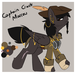 Size: 1216x1179 | Tagged: safe, artist:beardie, oc, oc only, oc:captain crack marrow, pegasus, pony, belt, belt buckle, braid, captain jack sparrow, character design, clothes, commission, ear piercing, earring, equine, feather, gray background, hat, jacket, jewelry, lidded eyes, male, necklace, parody, pegasus oc, piercing, reference sheet, scar, short tail, simple background, solo, stallion