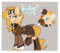 Size: 1406x1238 | Tagged: safe, artist:beardie, oc, oc only, oc:fidget, earth pony, pony, aviator goggles, bag, boots, character design, clothes, commission, equine, female, goggles, gray background, jacket, lidded eyes, mare, reference sheet, saddle bag, shoes, simple background, solo