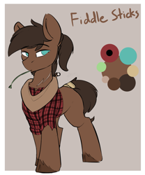 Size: 1055x1267 | Tagged: safe, artist:beardie, oc, oc only, oc:fiddle sticks, pony, character design, clothes, commission, equine, food, gray background, plaid, ponytail, reference sheet, scar, shirt, short tail, simple background, solo, tail wrap, unshorn fetlocks, wheat