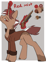 Size: 948x1284 | Tagged: safe, artist:beardie, oc, oc only, oc:red mist, pony, unicorn, character design, clothes, coat markings, commission, equine, gray background, gun, horn, jacket, lidded eyes, magic, mottled coat, reference sheet, short mane, short tail, simple background, solo, spots, weapon, wrinkles
