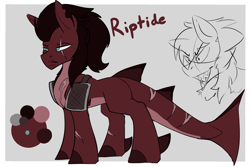 Size: 2000x1339 | Tagged: safe, artist:beardie, oc, oc only, oc:riptide, hybrid, original species, pony, shark, shark pony, character design, commission, equine, fins, gray background, male, reference sheet, scar, simple background, sketch, solo, stallion