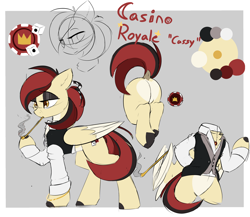 Size: 3292x2860 | Tagged: safe, artist:beardie, oc, oc only, oc:casino royale, pony, butt, character design, clothes, color palette, cute, cutie mark, dock, high res, pale belly, plot, sexy, shirt, smoking