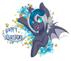 Size: 3196x2745 | Tagged: safe, artist:wicked-red-art, oc, oc only, oc:elizabat stormfeather, alicorn, bat pony, bat pony alicorn, pony, alicorn oc, bat pony oc, birthday, birthday gift, cute, cute little fangs, fangs, female, high res, horn, mare, open mouth, raised hoof, simple background, solo, transparent background
