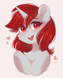 Size: 783x970 | Tagged: dead source, safe, artist:floweryoutoday, oc, oc only, oc:waves, pony, unicorn, blushing, bust, cheek fluff, chest fluff, female, heart, looking at you, mare, open mouth, simple background, smiling, solo
