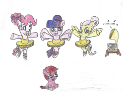 Size: 801x596 | Tagged: safe, artist:loganjonesdrawings, fluttershy, pinkie pie, twilight sparkle, oc, oc:logan berry, alicorn, pony, a royal problem, g4, ballerina, ballet, ballet slippers, clothes, colt, dancing, drawing, female, glasses, gramophone, heart eyes, male, mare, music notes, record, swan lake, traditional art, tutu, twilight sparkle (alicorn), wingding eyes
