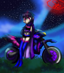 Size: 2291x2618 | Tagged: safe, artist:demonic-kistune123, twilight sparkle, human, vampire, g4, boots, count magic, high res, humanized, magic gaia, motorcycle, night, shoes, stars, superhero, thigh boots