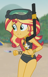 Size: 427x684 | Tagged: safe, edit, edited screencap, screencap, sunset shimmer, equestria girls, g4, my little pony equestria girls: better together, unsolved selfie mysteries, belly button, bikini, clothes, cropped, dive mask, female, goggles, lip bite, solo, summer sunset, sunset shimmer swimsuit, sunset shimmer's beach shorts swimsuit, swimsuit