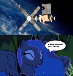Size: 1021x1070 | Tagged: safe, edit, edited screencap, screencap, princess luna, alicorn, pony, g4, luna eclipsed, season 2, cropped, earth, ethereal mane, everfree forest, eyes closed, implied human, jewelry, laughing, nightmare night, photo, regalia, skylab, space, space station, speech bubble, text, tree, wings