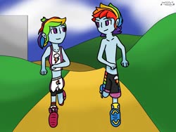 Size: 1280x960 | Tagged: safe, artist:starkittyk, rainbow dash, equestria girls, g4, boxing boots, boxing gear, boxing shoes, boxing shorts, boxing skirt, boxing trunks, bra, clothes, cycling shorts, equestria guys, exeron fighters, exeron outfit, female, jogging, male, martial arts kids, martial arts kids outfits, midriff, park, rainbow blitz, rule 63, running, self paradox, socks, sports bra