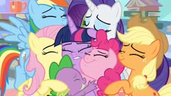 Size: 2548x1433 | Tagged: safe, screencap, applejack, fluttershy, pinkie pie, rainbow dash, rarity, spike, twilight sparkle, alicorn, dragon, earth pony, pegasus, pony, unicorn, g4, the ending of the end, baby, baby dragon, book, cropped, crystal empire, cute, eyes closed, female, gang hape, group, group hug, hape, hug, male, mane seven, mane six, mare, personal space invasion, sad, smiling, twilight sparkle (alicorn), winged spike, wings