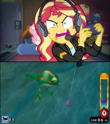Size: 720x809 | Tagged: safe, edit, edited screencap, screencap, fluttershy, sunset shimmer, equestria girls, g4, game stream, my little pony equestria girls: better together, big the cat, fishing, froggy, game grumps, gamer sunset, male, meme, rage, sonic adventure, sonic adventure dx, sonic the hedgehog, sonic the hedgehog (series), sunset shimmer frustrated at game, sunset's apartment, video game