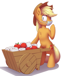 Size: 1635x2000 | Tagged: safe, artist:senaelik, applejack, earth pony, pony, g4, apple, belly button, bipedal, cart, coronavirus, covid-19, female, food, mare, mask, ppe, simple background, solo, surgical mask, sweatdrop, toilet paper, wide eyes