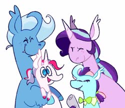 Size: 1024x885 | Tagged: safe, artist:goatpaste, starlight glimmer, trixie, oc, g4, alternate universe, curling horn, curved horn, family, female, horn, lesbian, magical lesbian spawn, offspring, parent:starlight glimmer, parent:trixie, parents:startrix, ship:startrix, shipping, simple background, snaggletooth, white background