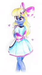 Size: 2118x3765 | Tagged: safe, artist:liaaqila, oc, oc:azure/sapphire, coinky-dink world, equestria girls, g4, my little pony equestria girls: summertime shorts, apron, bow, clothes, clothes swap, crossdressing, dress, equestria girls-ified, femboy, hat, high res, maid, male, skirt, sockhop, traditional art, trap, uniform, waitress