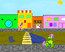 Size: 400x320 | Tagged: safe, artist:kujivunia, edit, pony, bridge, pavement, pixel art, puddle, sun, town