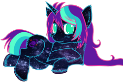 Size: 1638x1101 | Tagged: safe, artist:homumu, oc, oc only, oc:andromeda, pony, unicorn, female, horn, lying down, mare, simple background, smiling, solo, starry hair, transparent background, unicorn oc, unshorn fetlocks