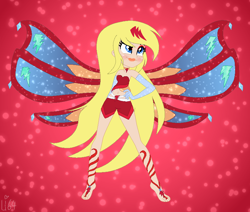 Size: 820x695 | Tagged: safe, artist:cookiechans2, artist:lumi-infinite64, artist:rainbow15s, fairy, human, equestria girls, g4, bare shoulders, barefoot, barely eqg related, base used, cartoon network, clothes, colored wings, crossover, enchantix, equestria girls style, equestria girls-ified, eyeshadow, fairies are magic, fairy wings, fairyized, feet, female, gloves, gradient wings, johnny test, lipstick, long gloves, long hair, makeup, rainbow s.r.l, red wings, sissy blakely, solo, sparkly wings, strapless, wings, winx, winx club, winxified