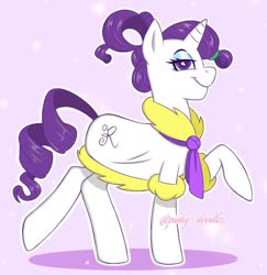 Size: 784x808 | Tagged: safe, alternate version, artist:pinkyydoodles, rarity, pony, unicorn, g4, bathrobe, clothes, colored pupils, eyeshadow, female, makeup, mare, profile, purple background, raised hoof, robe, simple background, smiling, solo, spa robe