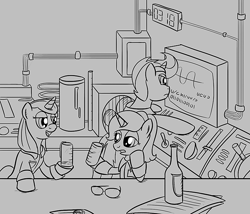 Size: 700x600 | Tagged: safe, artist:sirvalter, oc, oc only, oc:professor beaker, oc:scoperage, oc:weatherglass, pony, unicorn, fanfic:steyblridge chronicle, black and white, bottle, clothes, fanfic, fanfic art, female, glasses, grayscale, hooves, horn, illustration, lab coat, laboratory, male, mare, monochrome, open mouth, research institute, scientist, smiling, stallion