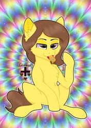 Size: 1448x2048 | Tagged: safe, artist:gloriosaplus, oc, oc only, oc:le daveys 2.0, earth pony, pony, acid, chest fluff, drugs, lsd, male, psychedelic, smiling, solo, stallion