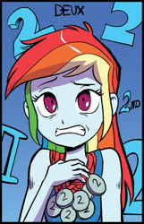 Size: 1130x1751 | Tagged: safe, artist:pencils, idw, rainbow dash, equestria girls, g4, spoiler:comic, spoiler:comicequestriagirlsmarchradness, cropped, female, gritted teeth, medal, second place, sleeveless, solo